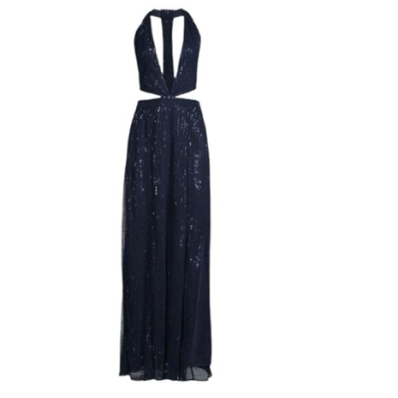 Ramy Brook Sequin Gown Size 14 Deep V Neck Navy Blue Retails $695 - Picture 8 of 10